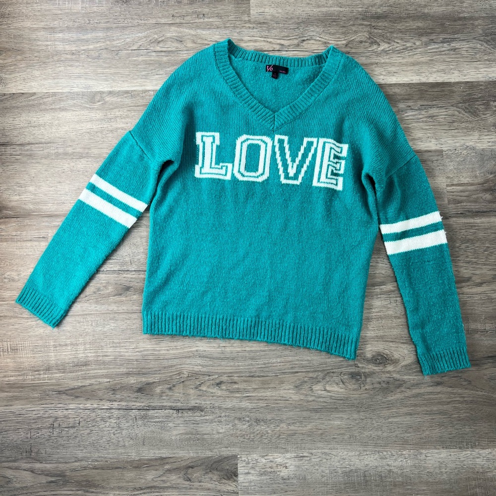 t/o Vintage Teal V-Neck Sweater with Love Design